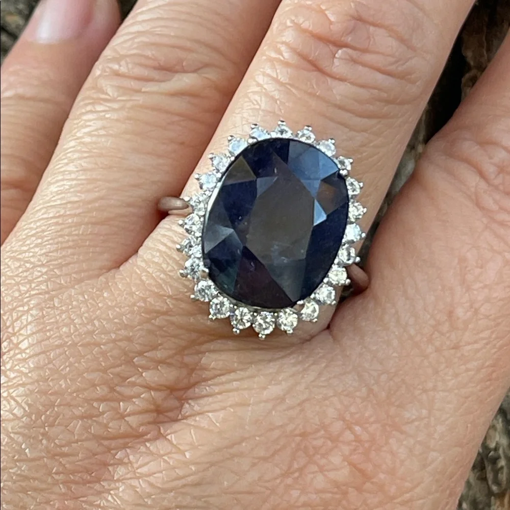 NWT Natural Sapphire 16X13mm CZ accents Statement Ring S10 Unheated/ Untreated - Picture 7 of 14